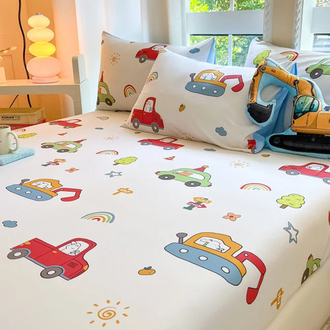 1pc 100%Cotton Bed Sheet for Kids Cartoon Style Car Printed Fitted Sheet with Elastic Band for Boys Pure Cotton Single Bed Cover
