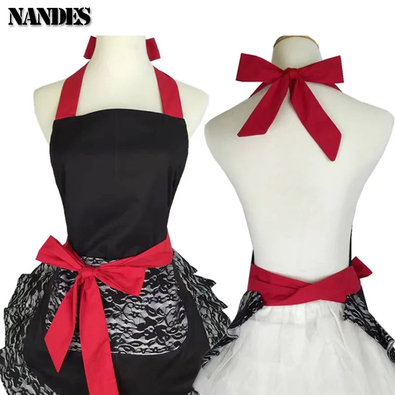 Black Red Lace Apron With Pocket Retro Sexy Pinup Aprons For Kitchen Cosplay Costume Cooking Oilproof Aprons for Women Girls