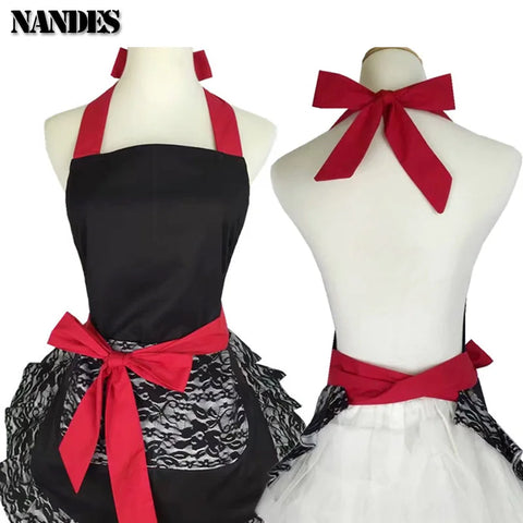 Black Red Lace Apron With Pocket Retro Sexy Pinup Aprons For Kitchen Cosplay Costume Cooking Oilproof Aprons for Women Girls