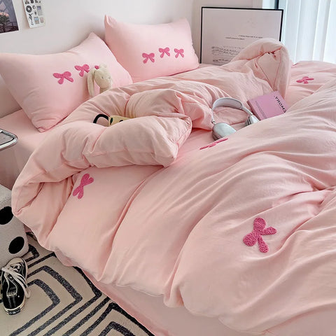 Cute Pink Bows Duvet Cover Set, 3D Embroidery Bedding Sets Pink Bed Set, Comfy Queen Comforter Covers Soft for Girls Kids Teens
