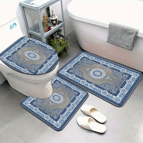 3-Piece Set of Retro Ethnic Blue and White Pattern Bathroom Mats Set Toilet Seat Ring U-Shaped Foot Mats for Bathroom Decoration