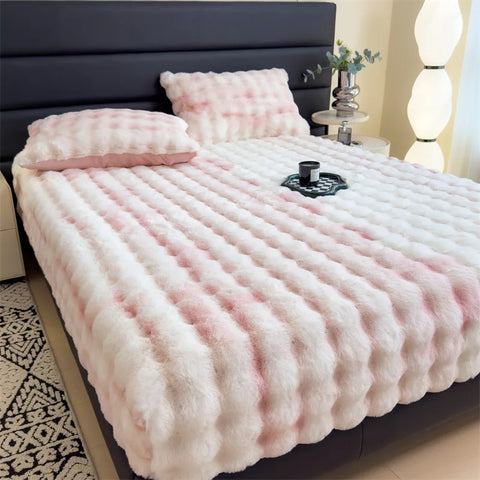 Luxury Faux Rabbit Plush Fitted Sheet with Deep Pocket Winter Thicken Warm Mattress Protector Soft Fluffy Double Mattress Cover