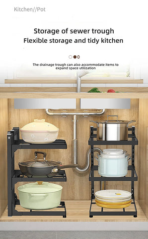 Kitchen Shelf Space-saving Kitchenware Storage Rack Adjustable Pot Rack 2-4 Tiers Under Sink/Corner Applicable