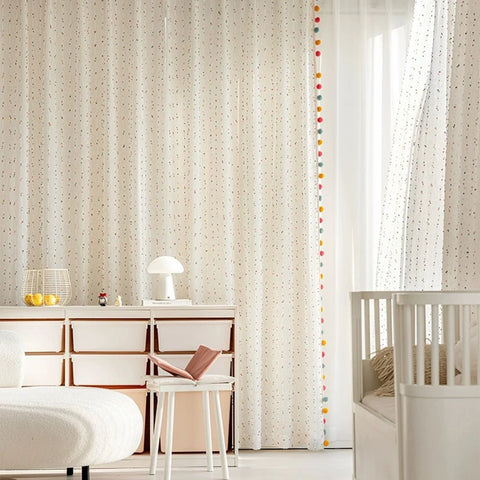 1Pair Cute Rainbow Hairball Embroidered Sheer Tulle Curtain with Pom-pom Tassels Lace For Living Room Childrens Room Home Decor