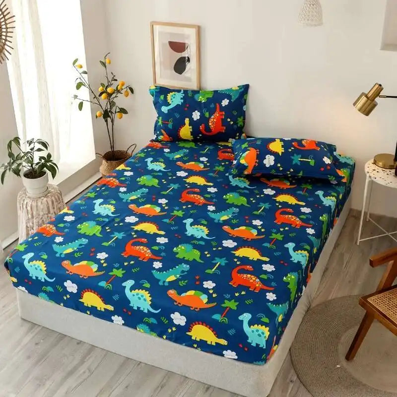 Solstice Kids Dinosaur Bed Sheet Set - Cartoon Printed Draps De Lit With Pillowcase, Elastic Fitted (Single/Twin, 100% Cotton)