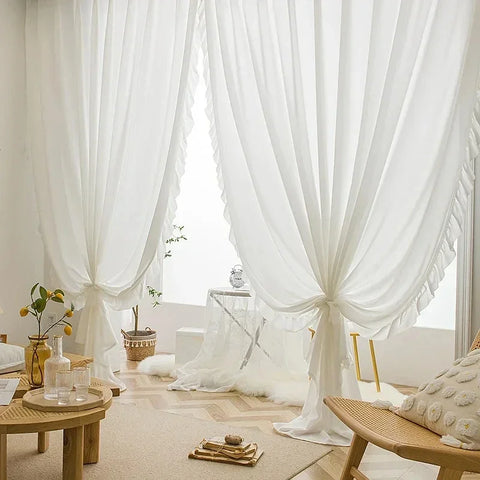 White Vintage Ruffle Tulle Curtains For Girls Bedroom Romantic Bay Window Drapes Living Room Soft Chiffon Thicker Sheer