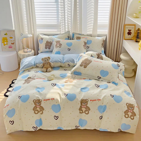 Cute Bear Duvet Cover Set for Teens, 3-Pieces Set 100%Cotton Comforter Cover with Pillow Shams, Soft Comfortable Kids Bedding