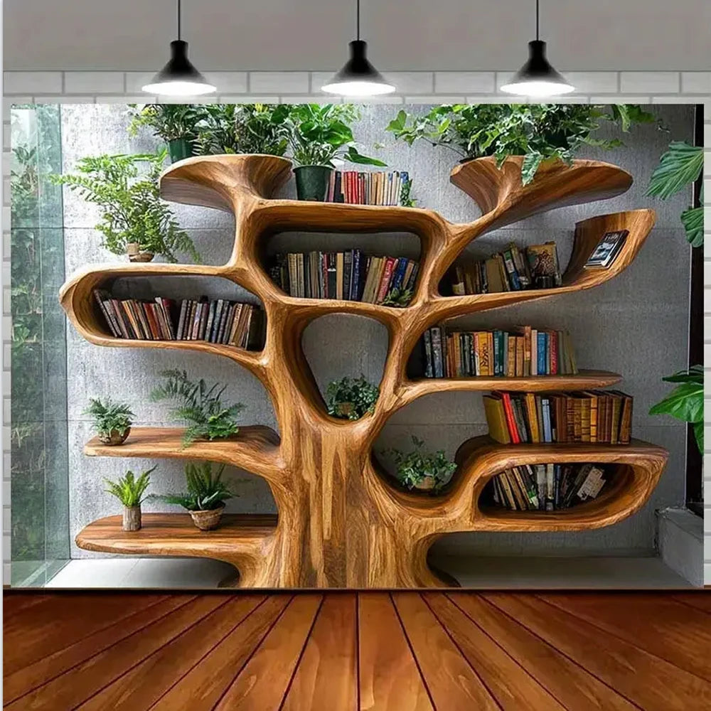 Tree Shaped Bookshelf with Artificial Green Plants Tapestry Wall Decoration Autumn & Christmas Decor For Reading Nooks Backdrops