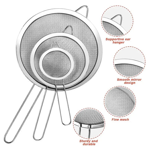 Mesh Filter Sieve Stainless Steel Slotted Spoon Kitchen Set of 3 Fine Strainers Long Handle for Cooking Sifting and Frying