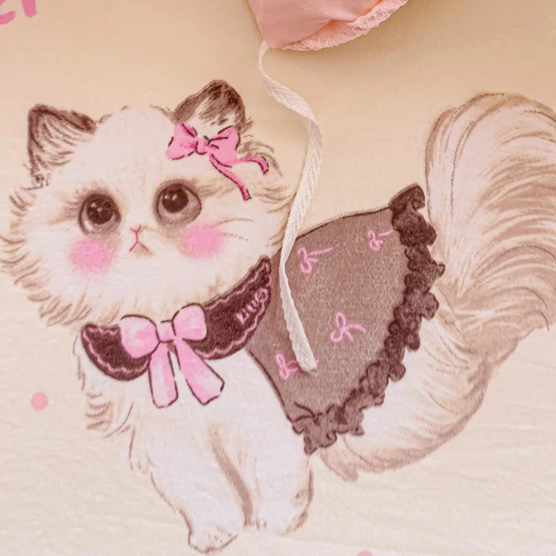 Cute Pink Cartoon Cat Towel Embroidery Girls Kids Bedding Set Soft Washed Cotton Duvet Covers Set Bed Sheet Pillowcases 3/4Pcs