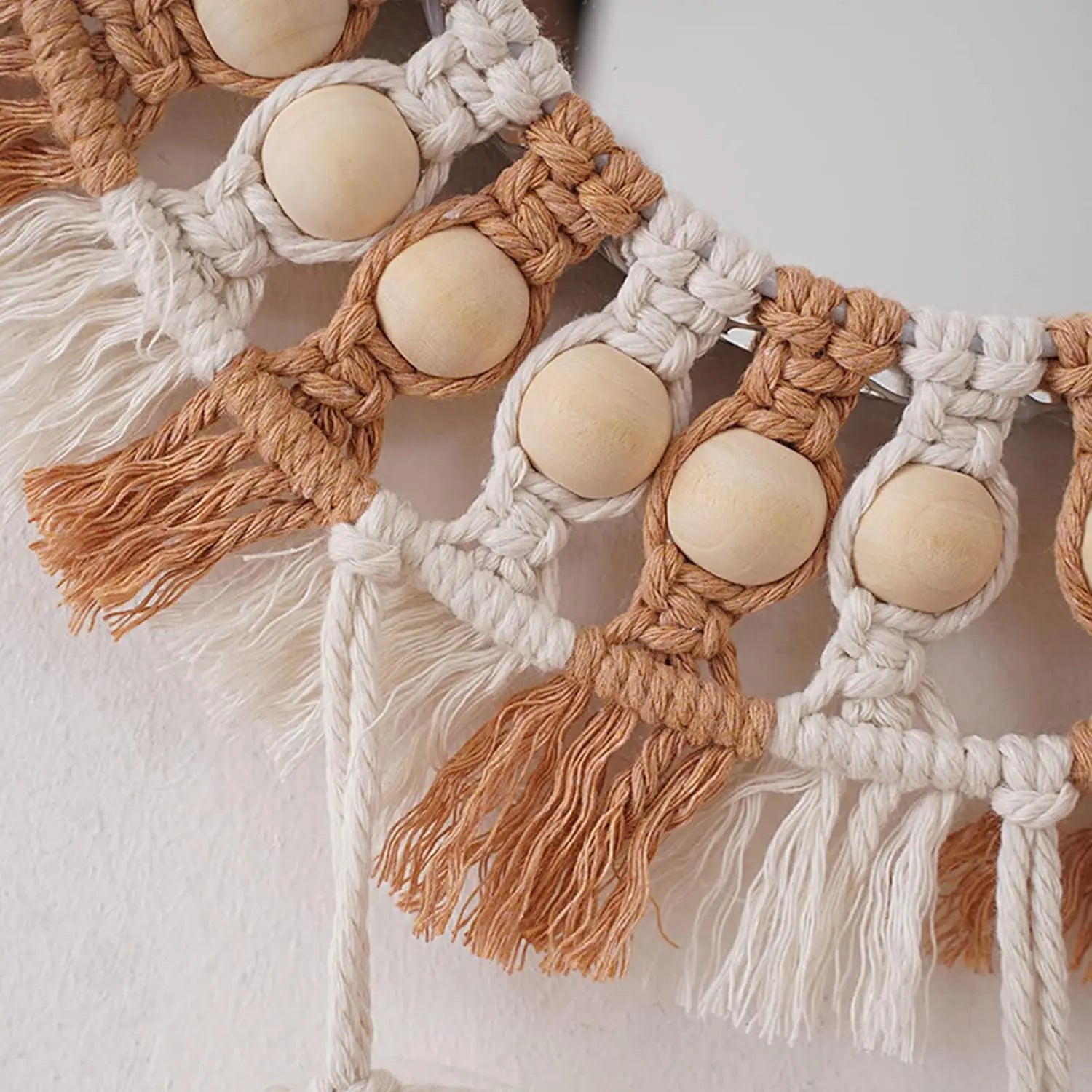 Macrame Hanging Wall Mirror, Boho Fringe Round Handmade Decorative Acrylic Mirror for Apartment Living Room Bedroom Home Decor