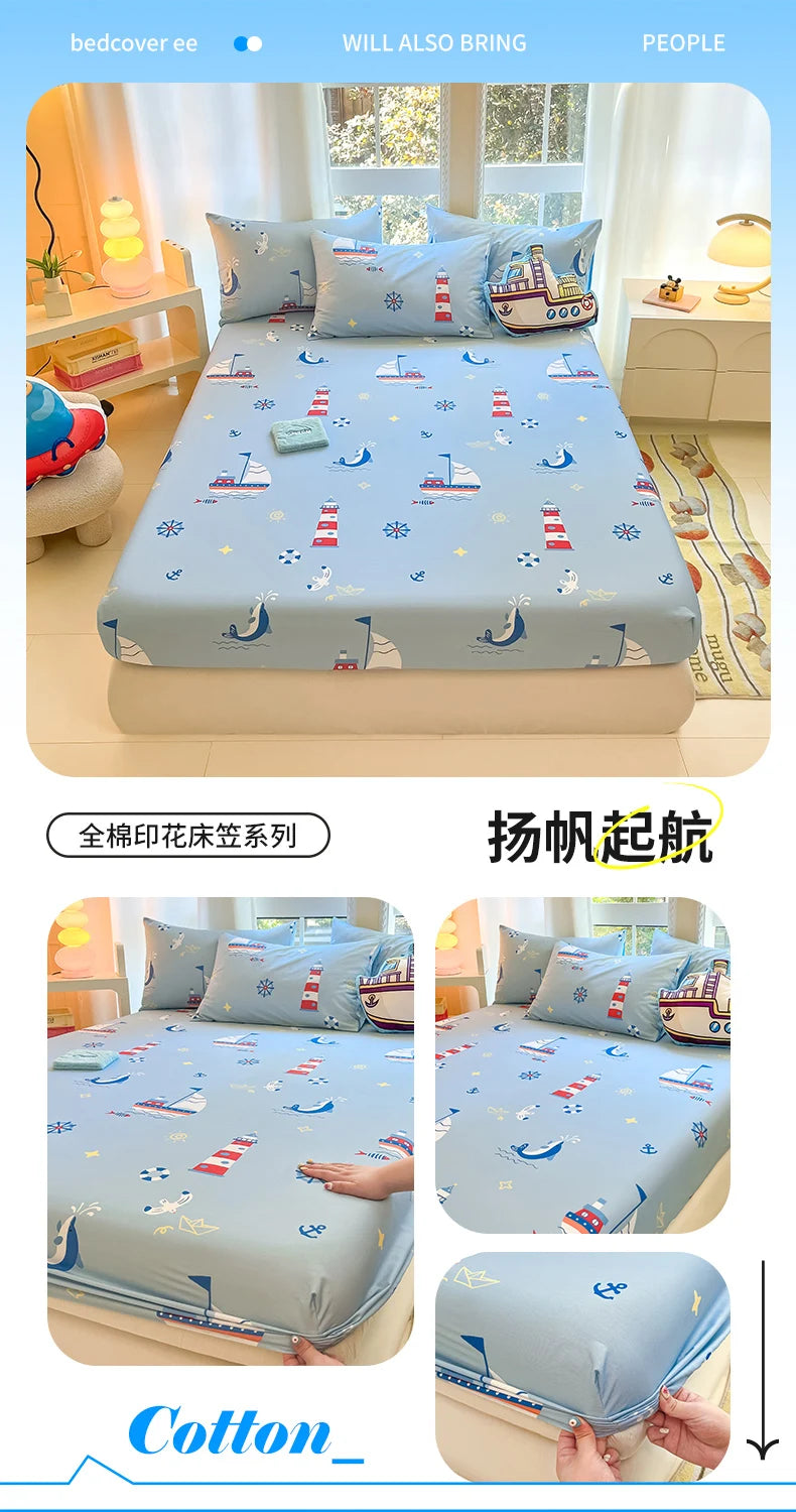 1pc 100%Cotton Bed Sheet for Kids Cartoon Style Car Printed Fitted Sheet with Elastic Band for Boys Pure Cotton Single Bed Cover