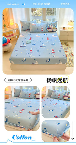 1pc 100%Cotton Bed Sheet for Kids Cartoon Style Car Printed Fitted Sheet with Elastic Band for Boys Pure Cotton Single Bed Cover