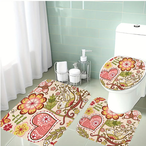 3pcs Set Floral and Heart Pattern Bath Mat Set | Polyester Bathroom Rugs with Soft Surface, Non-Slip, Spring Festival Decor, Inc
