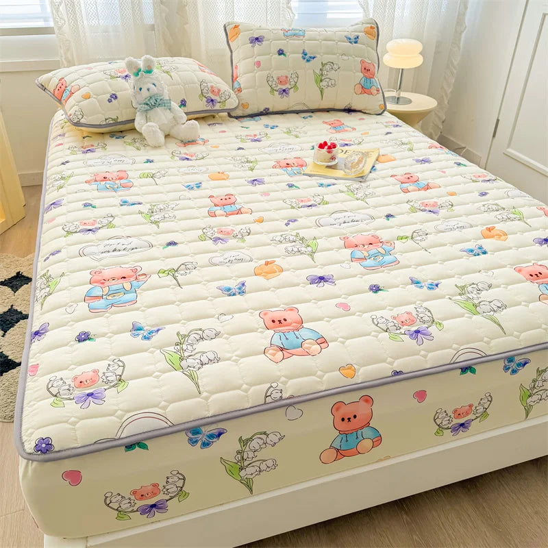 Adorable Quilted Washed Cotton Fitted Mattress Cover - Super Cute Girl's Design, Hypoallergenic