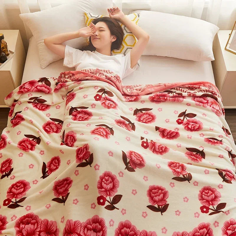 Thin Blanket for Summer Soft Coral Fleece Flannel Blanket for Beds Flower Printed Plaids for Bed Single/Queen/King Size Blanket