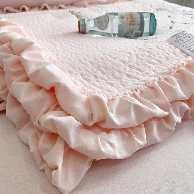 Fresh Flower Embroidered Summer Blanket 4/3/1 Pcs Ruffled Quilted Summer Quilt Set Machine Washable Lightweight Comforter Duvet