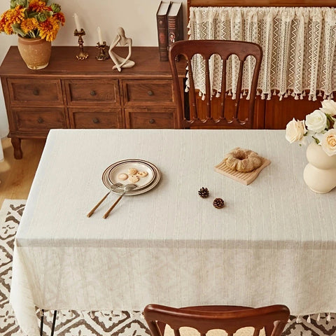 Linen Striped Fringe Kitchen Tablecloth, Wedding Tablecloth, Holiday Table Decoration Tablecloth, Outdoor Picnic Tablecloth