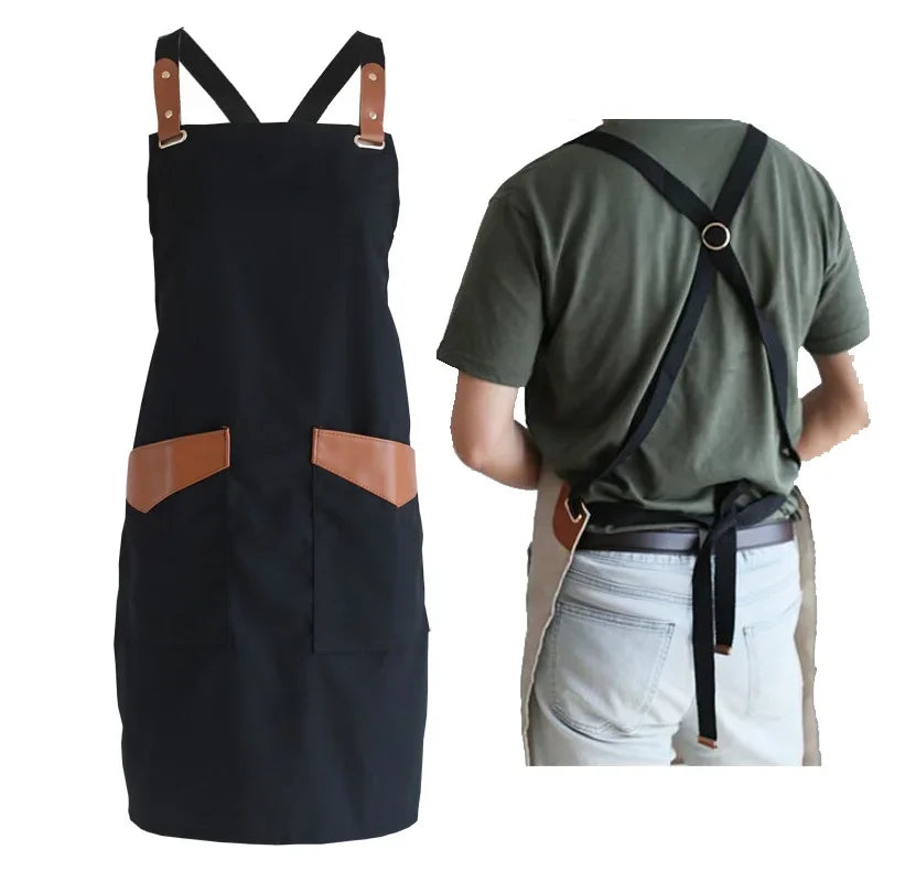 Fashion Unisex Work Apron For Men Canvas Black Apron Bib Adjustable Cooking Kitchen Aprons For Woman With Tool Pockets