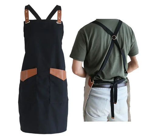 Fashion Unisex Work Apron For Men Canvas Black Apron Bib Adjustable Cooking Kitchen Aprons For Woman With Tool Pockets