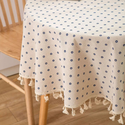 Cotton Linen Table Cloth Round Tablecloth with Tassel Dust-Proof Floret Circular Table Cover for Kitchen Dinning Tabletop Decor