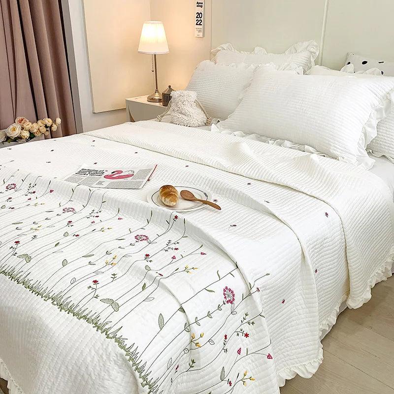 Fresh Flower Embroidered Summer Blanket 4/3/1 Pcs Ruffled Quilted Summer Quilt Set Machine Washable Lightweight Comforter Duvet