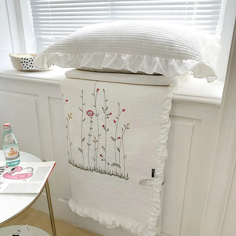 Fresh Flower Embroidered Summer Blanket 4/3/1 Pcs Ruffled Quilted Summer Quilt Set Machine Washable Lightweight Comforter Duvet