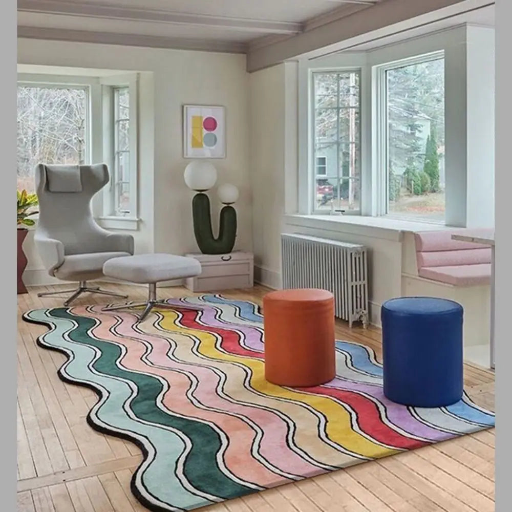 VIKAMA Creative Rainbow Wave Rug Bedside Blanket Absorbent Bathroom Floor Mat Living Room Sofa Coffee Table Rug Easy to clean