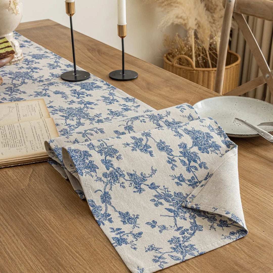 Cotton Linen Blue Printed Floral Table Runner With Tassel Circular Placemats for Wedding Party Dinning Table Decor