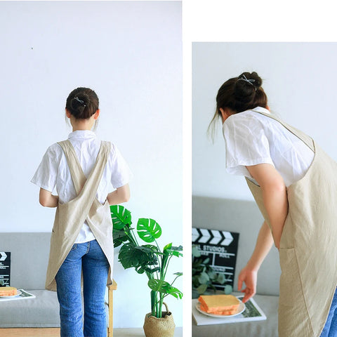 Waterproof  Women Cotton Linen Cross Back Apron Japanese Housework Kitchen Cooking Double Pocket Apron Florist Working Apron