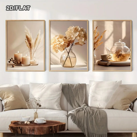 2d Plat,frameless,a Set of 3 Simple Beige Floral Modern Wall Art Prints,cream Hydrangea Plant Canvas Posters,floral Wall Decor