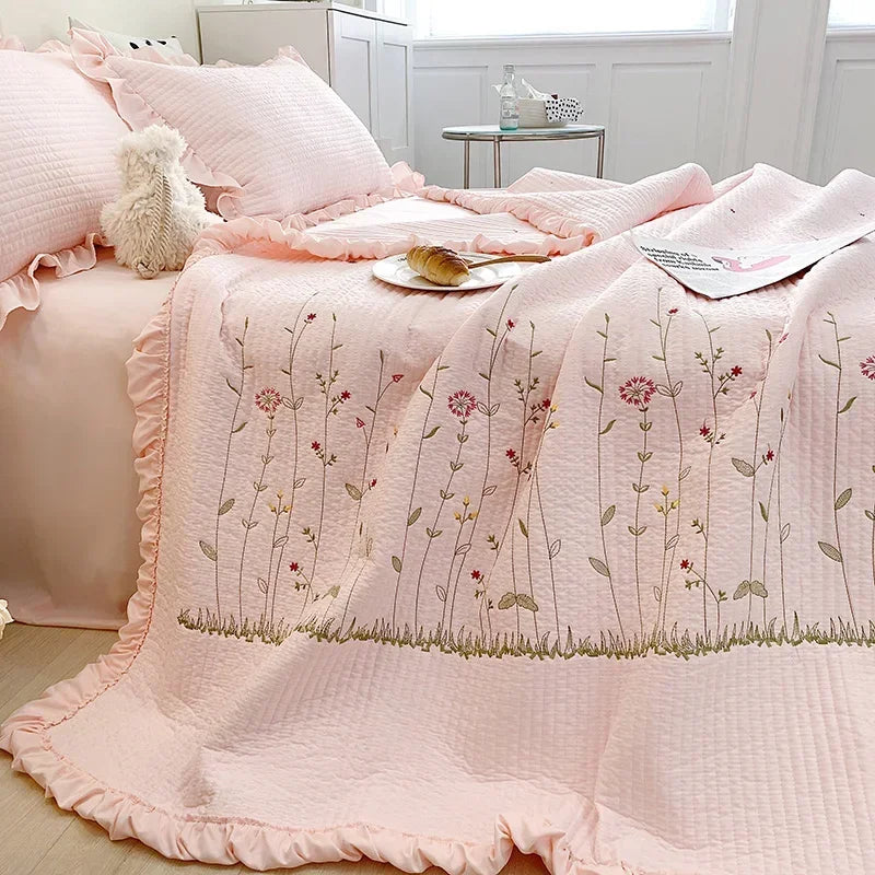 Fresh Flower Embroidered Summer Blanket 4/3/1 Pcs Ruffled Quilted Summer Quilt Set Machine Washable Lightweight Comforter Duvet