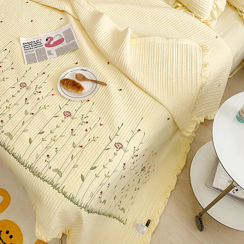 Fresh Flower Embroidered Summer Blanket 4/3/1 Pcs Ruffled Quilted Summer Quilt Set Machine Washable Lightweight Comforter Duvet