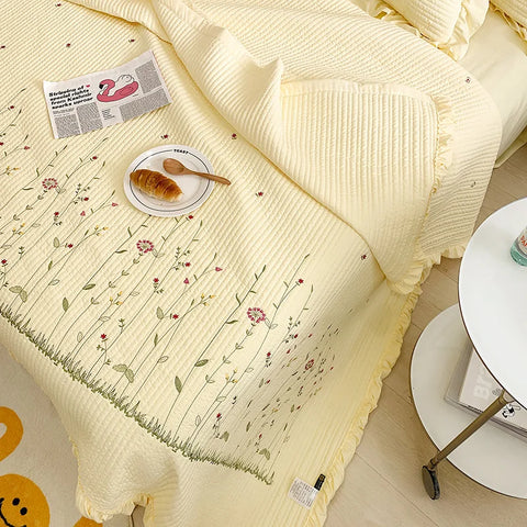 Fresh Flower Embroidered Summer Blanket 4/3/1 Pcs Ruffled Quilted Summer Quilt Set Machine Washable Lightweight Comforter Duvet