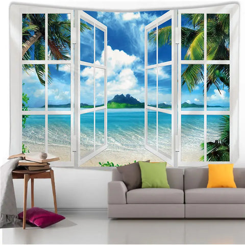 VIKAMA Summer Window View Tapestry Cherry Blossom Sea Idyllic Pastoral Tropical Beach Living Room Room Decoration