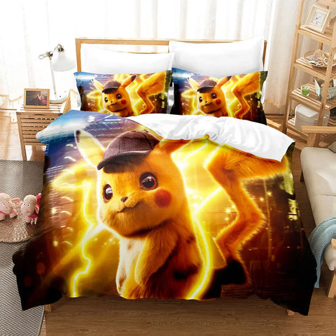 Kawaii Pokemoned Cartoon Anime Bedding Set Pikachu Gengar Eevee Charizard Quilt Duvet Cover Pillowcase Kid Bed Set Twin Size