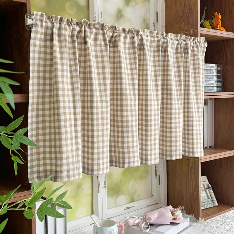 Korean Style Classic Plaid Pattern Cafe Curtain  Light Brown Semi Blackout Small Curtain Rod Pocket For Living Room Kitchen Door
