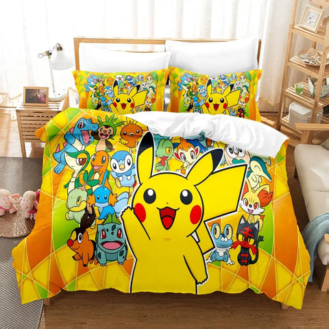 Kawaii Pokemoned Cartoon Anime Bedding Set Pikachu Gengar Eevee Charizard Quilt Duvet Cover Pillowcase Kid Bed Set Twin Size
