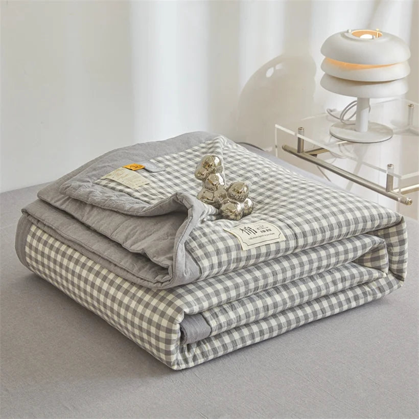 Ins Style Summer Quilt with 100% Cotton Filling Lightweight Skin-friendly Pure Cotton Quilt Plaid Style Thin Comforter Bed Duvet