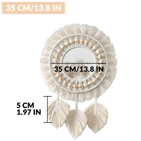 Macrame Hanging Wall Mirror, Boho Fringe Round Handmade Decorative Acrylic Mirror for Apartment Living Room Bedroom Home Decor