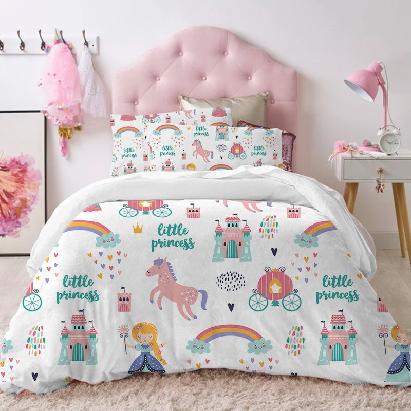 Modern Lovely Princess Kids Bedding Set Twin Size Microfiber Cartoon Unicorn Swan Ballet Girl Print Duvet Cover With Pillowcases