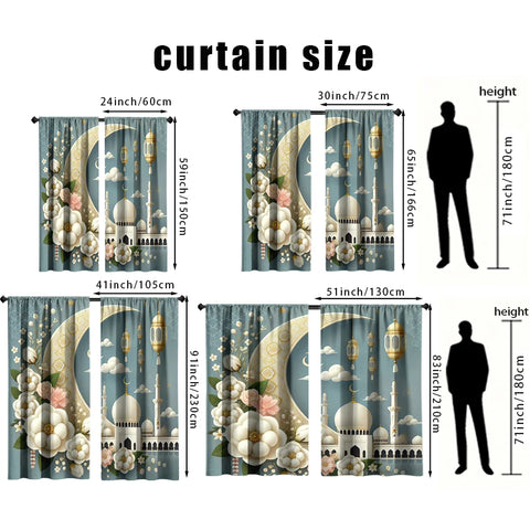 2PCS light blue golden moon curtains, fresh breeze, bedroom and living room, decorative curtains with drawbar pockets