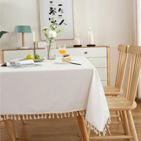 White Cotton Rectangle Tablecloth Fabric Tassel Farmhouse Washable Table Cover for Kitchen Living Room Dinning Picnic Decoration