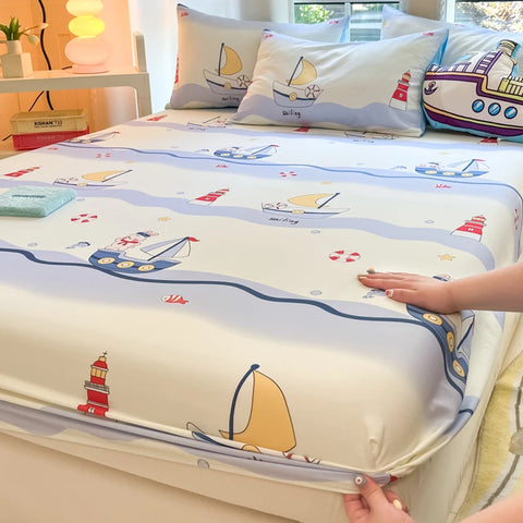 1pc 100%Cotton Bed Sheet for Kids Cartoon Style Car Printed Fitted Sheet with Elastic Band for Boys Pure Cotton Single Bed Cover