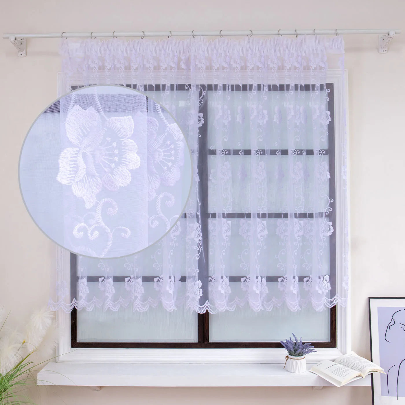 FLYING Romantic Style Embroidered Sheer Curtain Semi-Transparent Window Drapes for Living Room Multiple Sizes Available 1pc