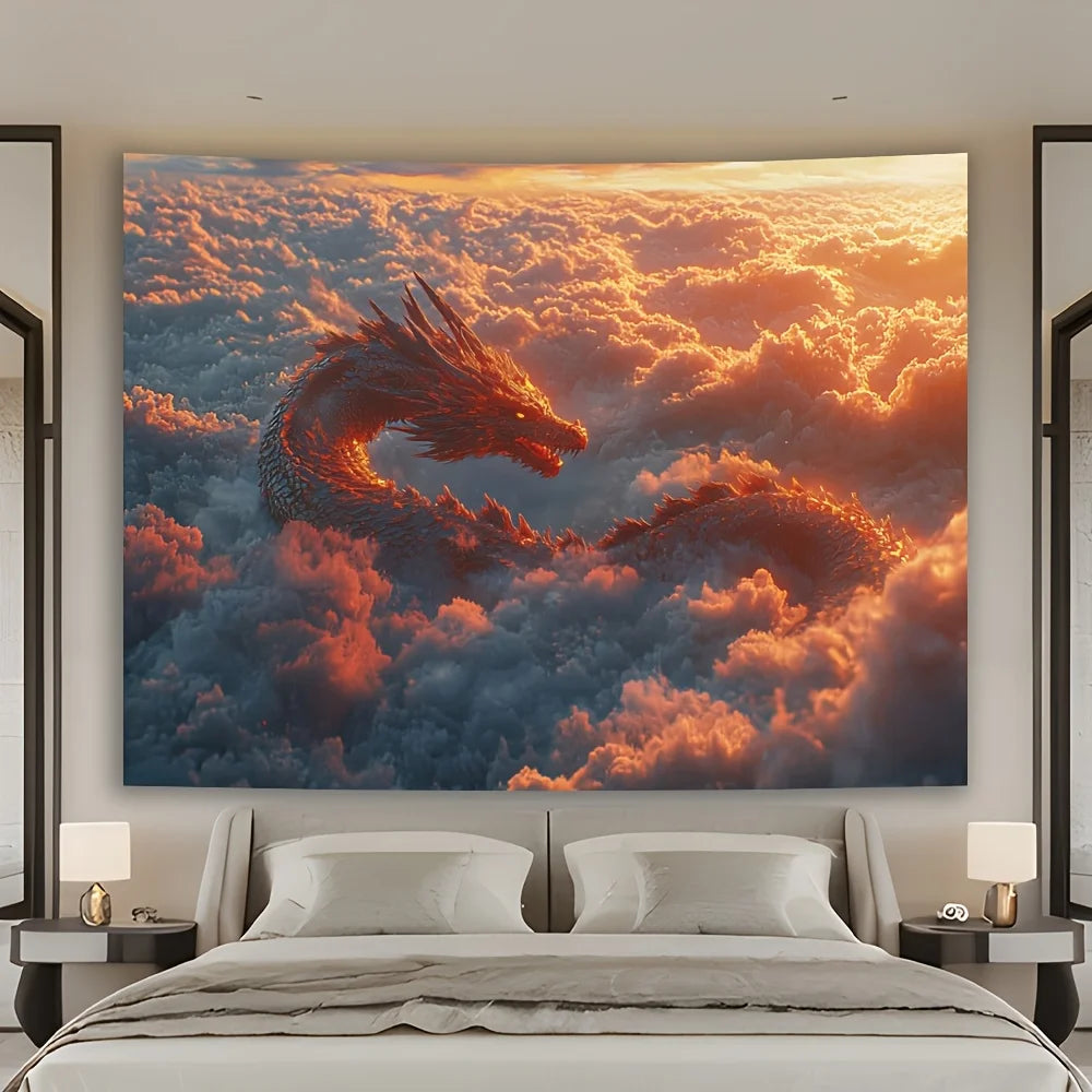 Majestic Dragon in the Clouds Tapestry - Perfect for Adding Fantasy and Dramatic Style to Any Room Decor, Ideal for Home Use