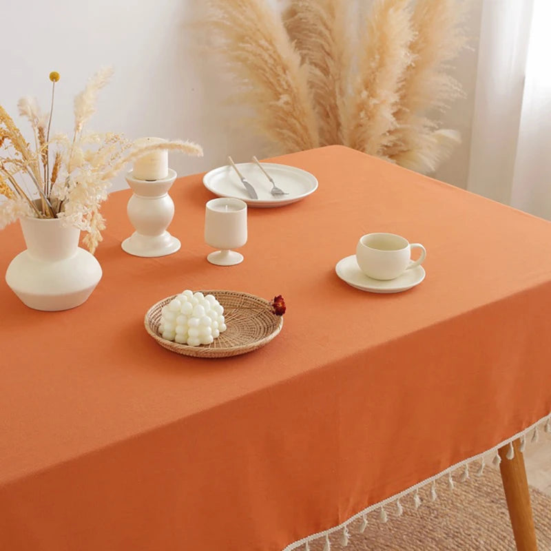 White Cotton Rectangle Tablecloth Fabric Tassel Farmhouse Washable Table Cover for Kitchen Living Room Dinning Picnic Decoration