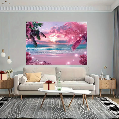 VIKAMA Summer Illusion Beach Tapestry Powder Sand Star Twinkle Neon Palm Wave Surge Living Room B&B Room Decoration