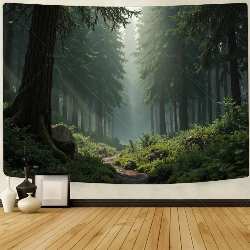 Enchanted Winter Forest Tapestry with Deer and Fox in Snow, Magical Animal Scene Wall Hanging for Bedroom or Living Room Decor