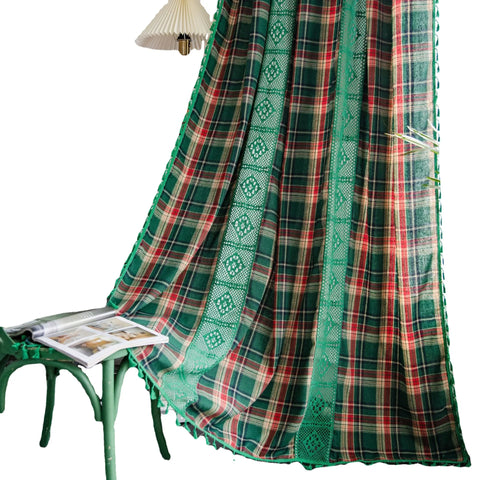 Curtain Green Grid Splicing Color Woven American Finished Kitchen Curtains Bay Window Curtains Semi Blackout Curtains